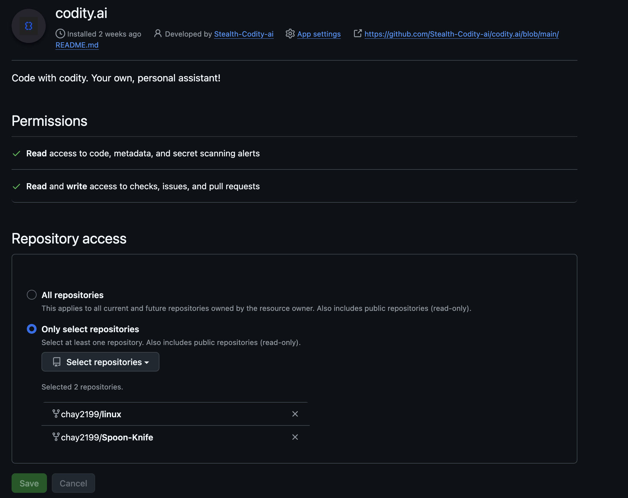Screenshot of GitHub App installation process