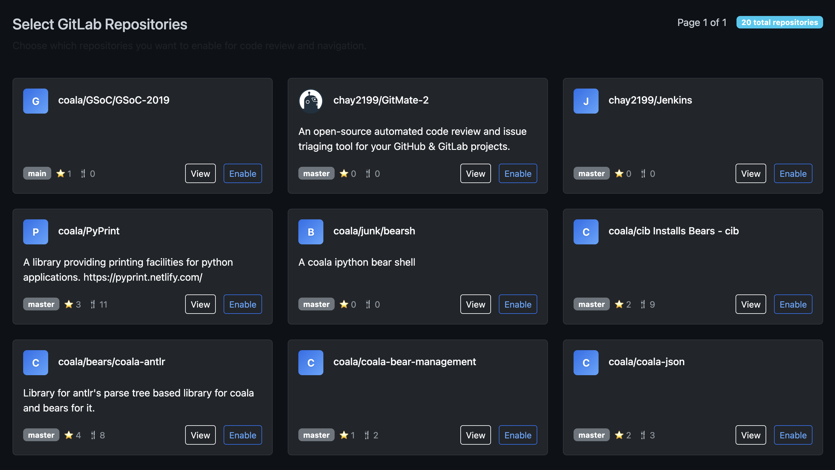 Screenshot of GitLab repository selection