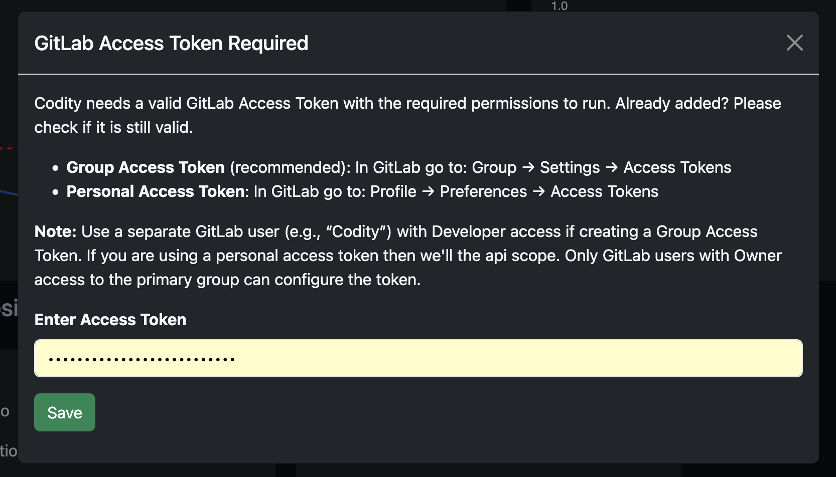 Screenshot of GitLab Access Token modal